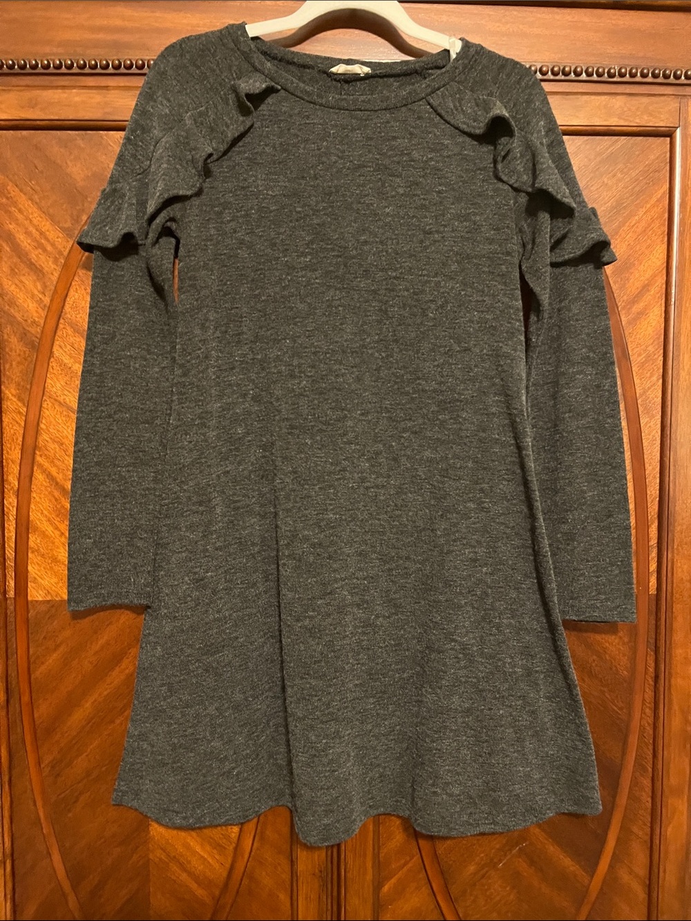 First Love Charcoal Gray Ruffle Shoulder Dress